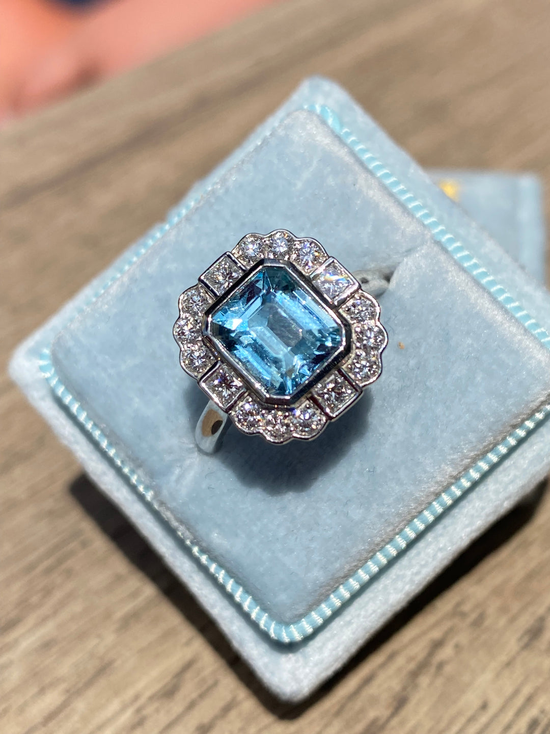 2.23 CTW Cushion Cut Aquamarine and Diamond Engagement Ring in Platinum