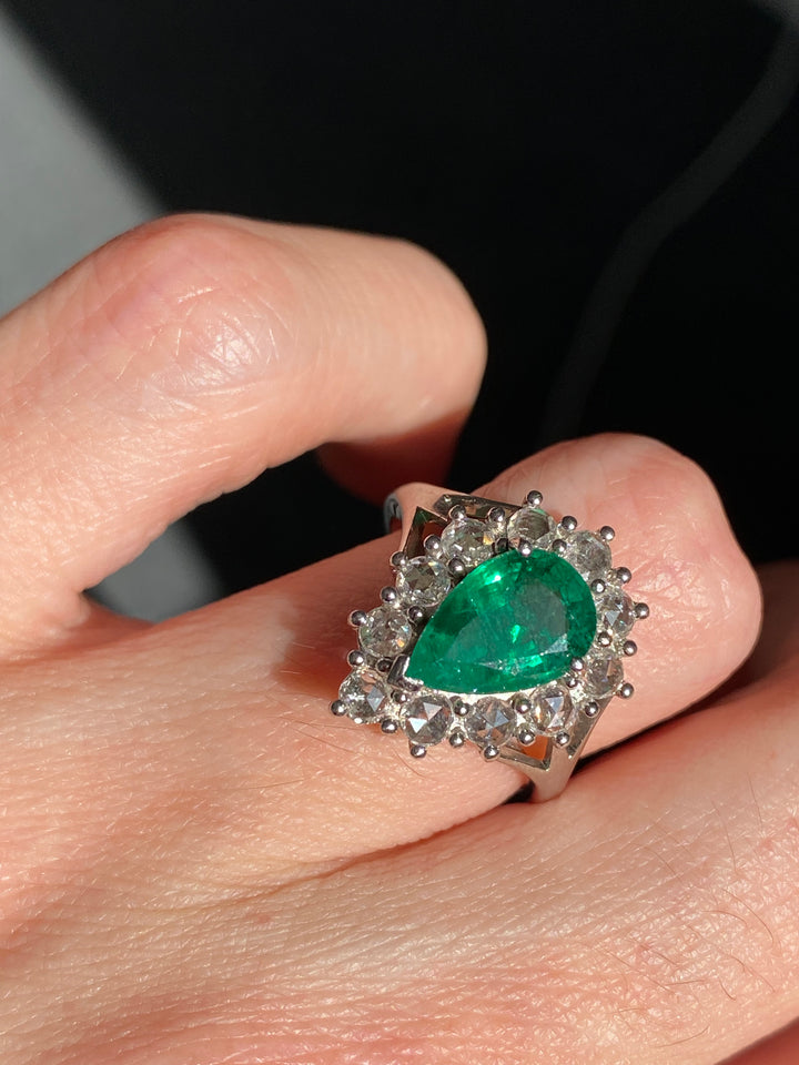 3.00 CTW Pear Cut Emerald and Diamond Ring in 18ct White Gold