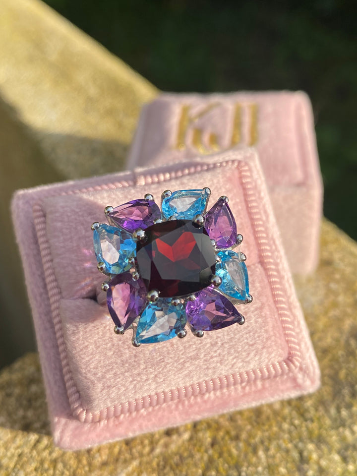 Cushion-Cut Garnet, Blue Topaz, and Amethyst Halo Cocktail Ring in Sterling Silver