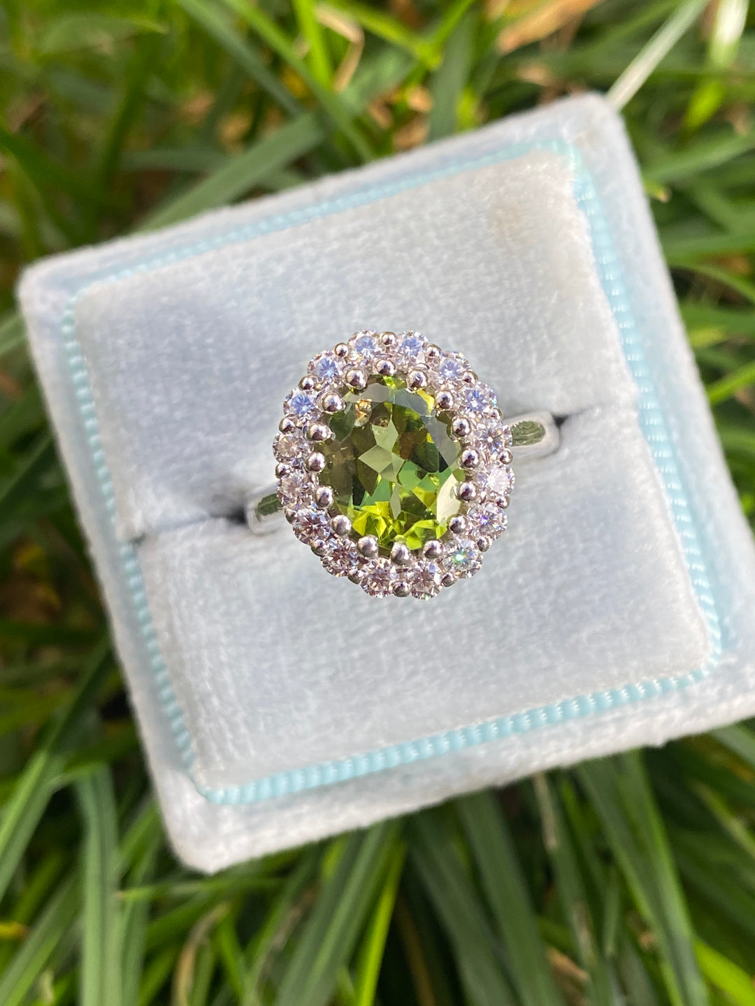 2.33 CTW Oval Cut Peridot and Moissanite Halo Cocktail Ring in Sterling Silver / 9ct Gold / 18ct Gold
