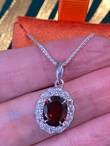 5.00 CTW Garnet and Moissanite Halo Pendant Necklace in Sterling Silver