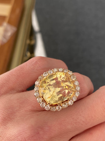 23.62 Carat Certified Unheated Yellow Sapphire and Old Cut Diamond Antique Ring