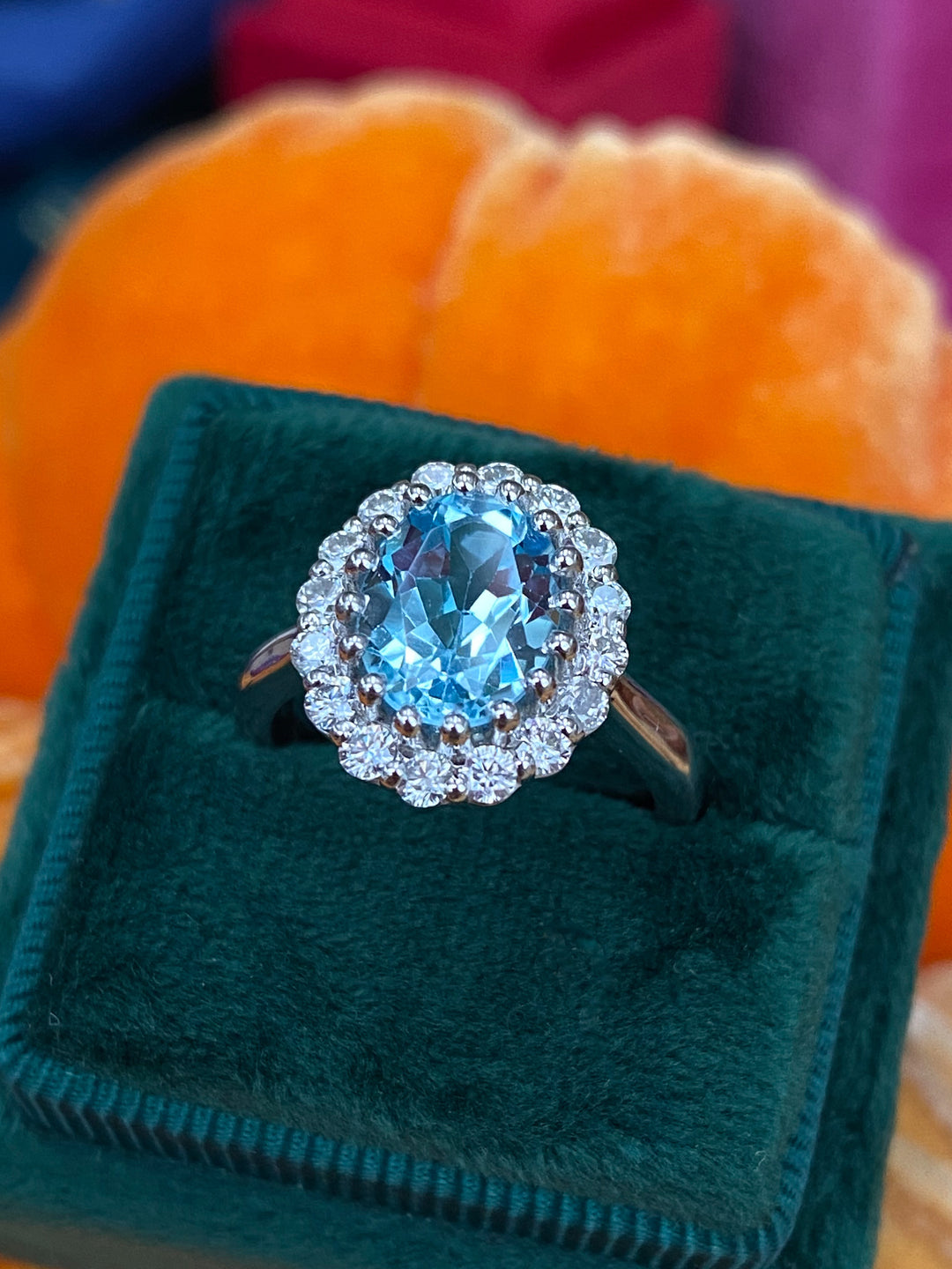 2.33 CTW Oval Cut Blue Topaz and Moissanite Halo Cluster Ring in Sterling Silver / 9ct Gold / 18ct Gold