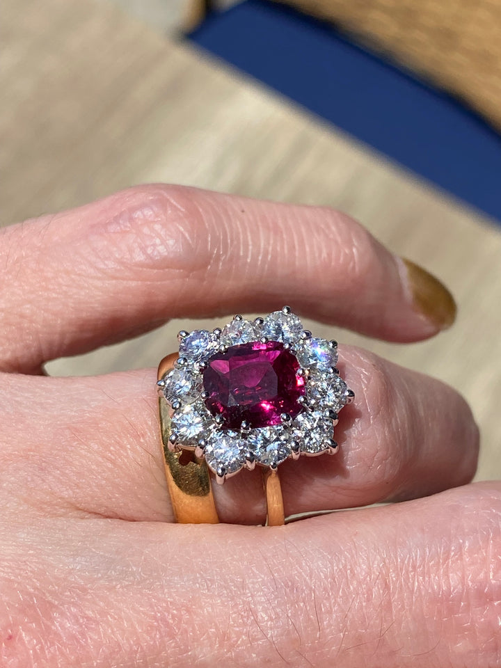 5.04 CTW No Heat Ruby and Diamond Halo Ring in 18ct Yellow Gold