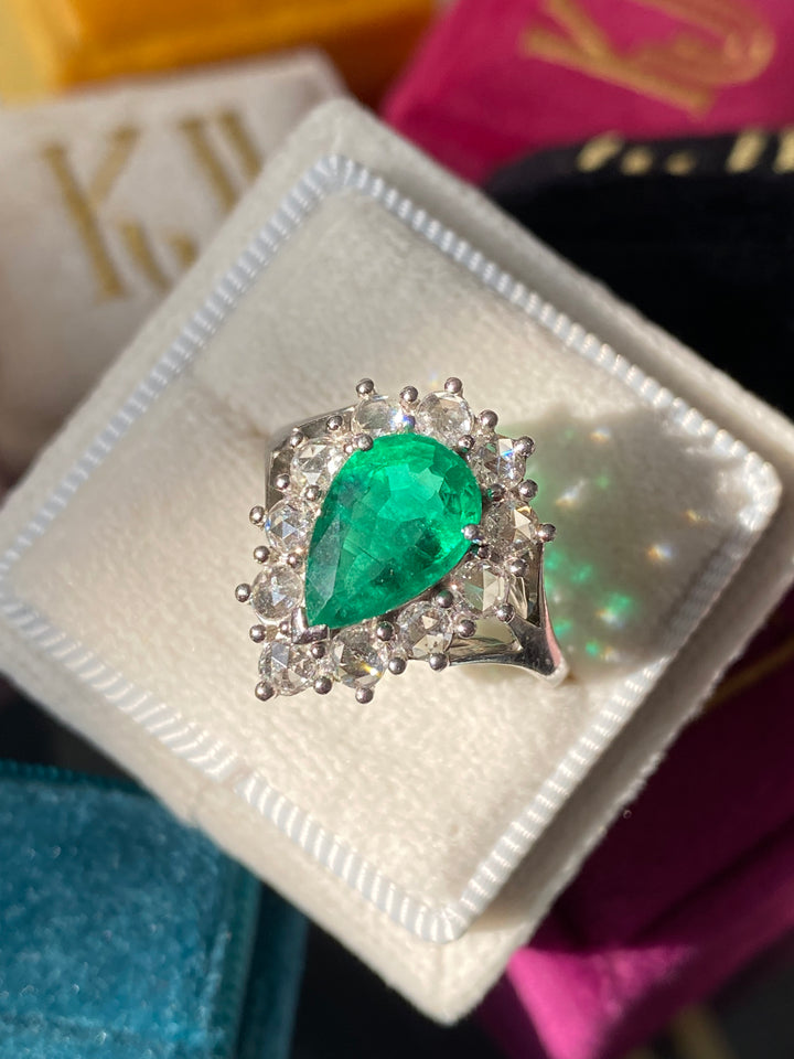 3.00 CTW Pear Cut Emerald and Diamond Ring in 18ct White Gold