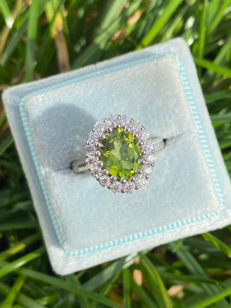 2.33 CTW Oval Cut Peridot and Moissanite Halo Cocktail Ring in Sterling Silver / 9ct Gold / 18ct Gold