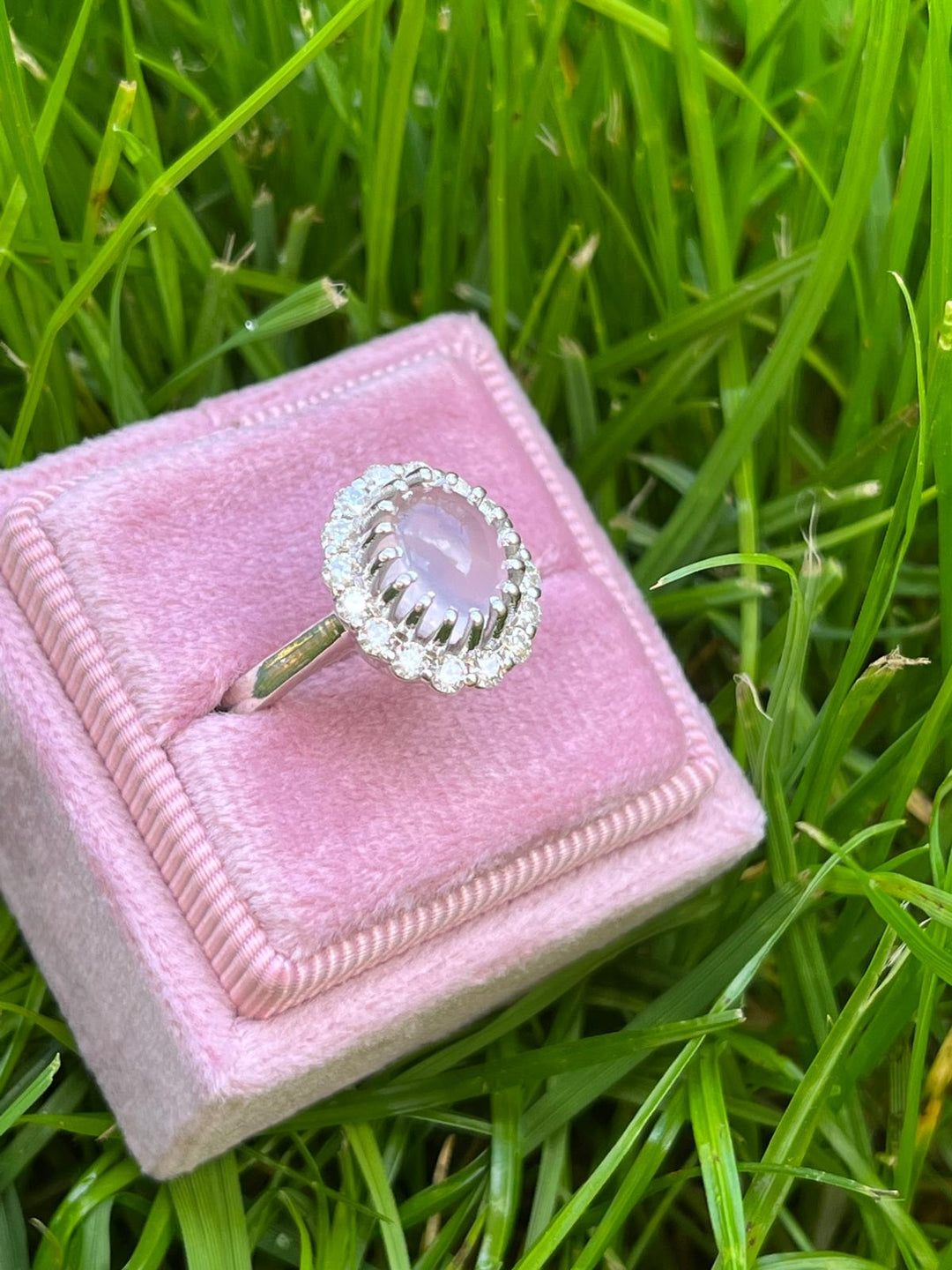 3.50 CTW Oval Cabochon Cut Rose Quartz and Moissanite Halo Cocktail Ring