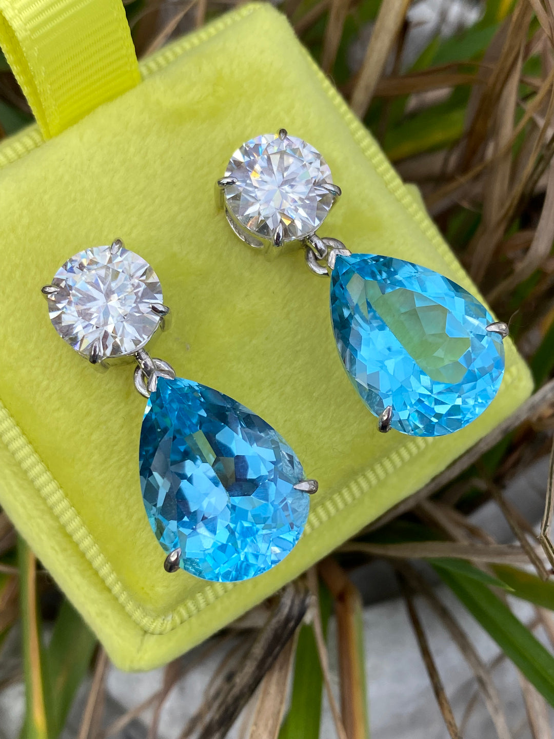 28.00 Carat Pear Cut Blue Topaz and Moissanite Statement Earrings in Sterling Silver