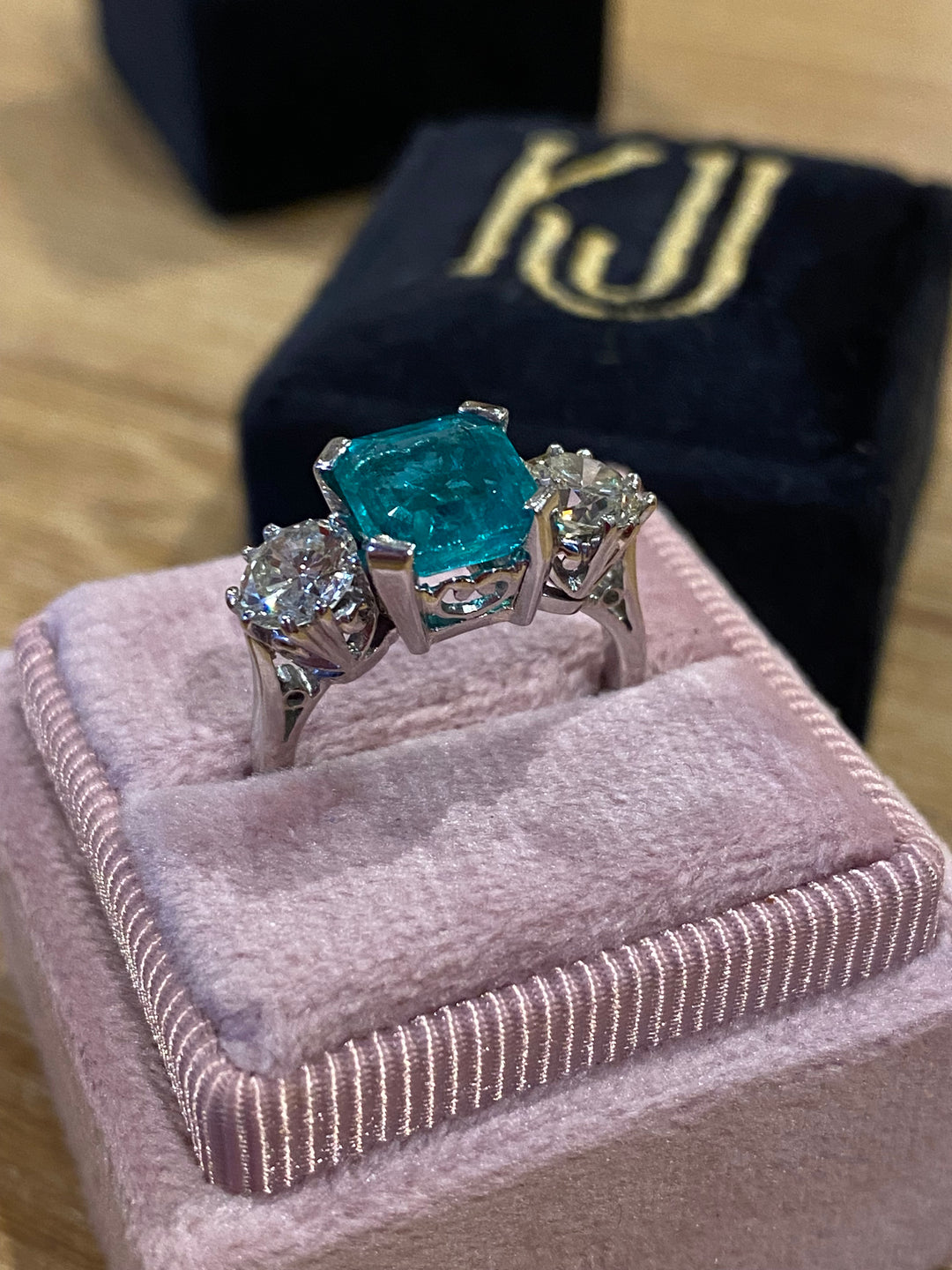 3.50 CTW Colombian Emerald and Diamond Three Stone Engagement Ring in Platinum