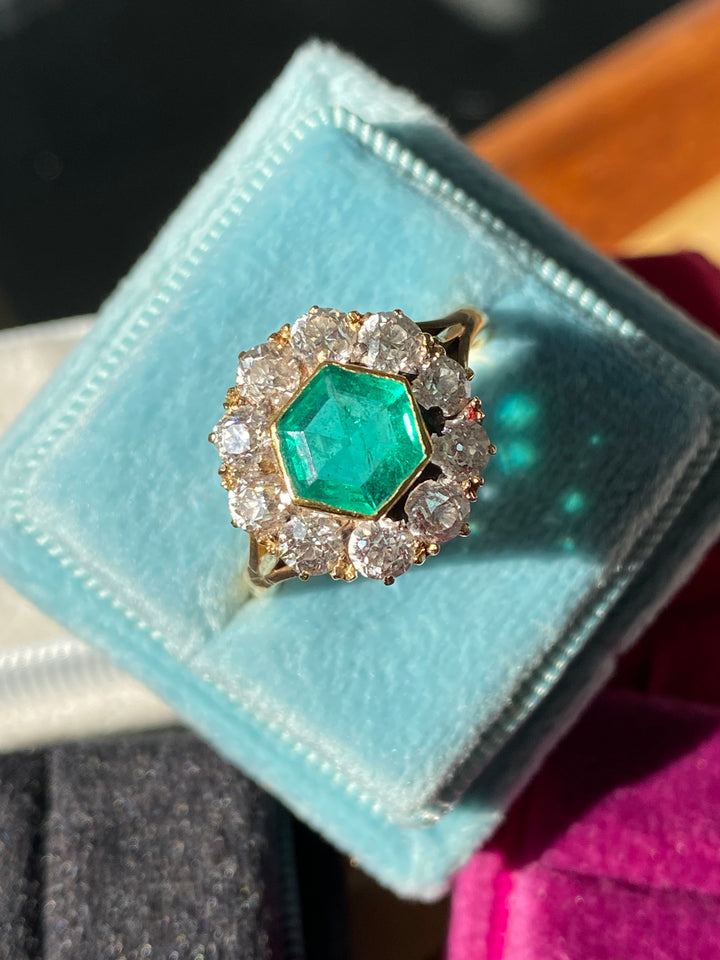 3.00 CTW Colombian Emerald and Old Cut Diamond Halo Ring in 18ct Yellow Gold