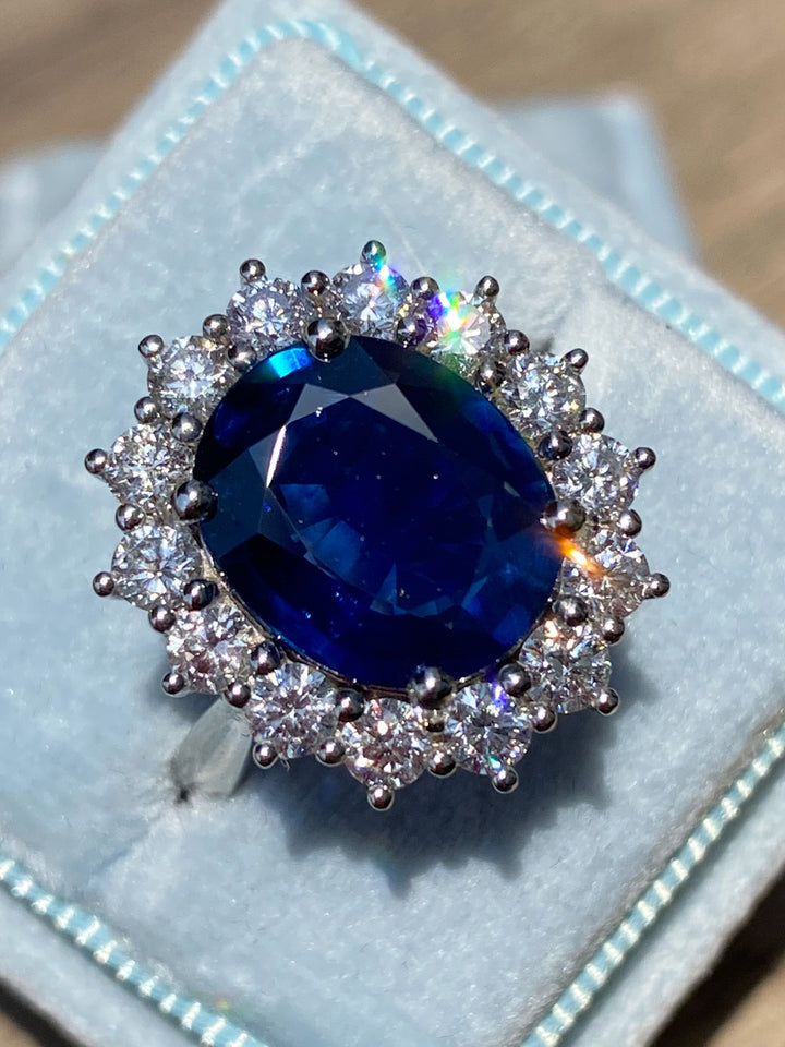4.73 Carat Blue Ceylon Sapphire and 1.35 CTW Diamond Halo Ring in Platinum