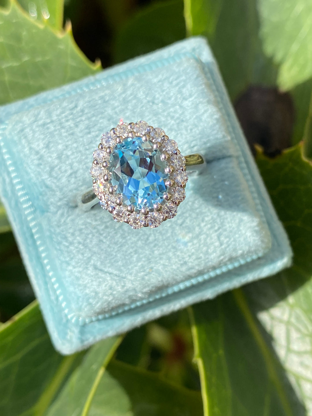 2.33 CTW Oval Cut Blue Topaz and Moissanite Halo Cluster Ring in Sterling Silver / 9ct Gold / 18ct Gold