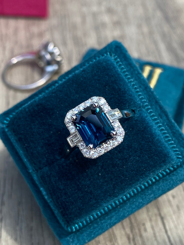 2.52 Carat Emerald Cut Teal Sapphire and Diamond Halo Ring in Platinum