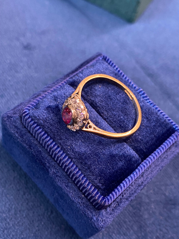Antique Ruby and Diamond Halo Engagement Ring in 18ct Yellow Gold