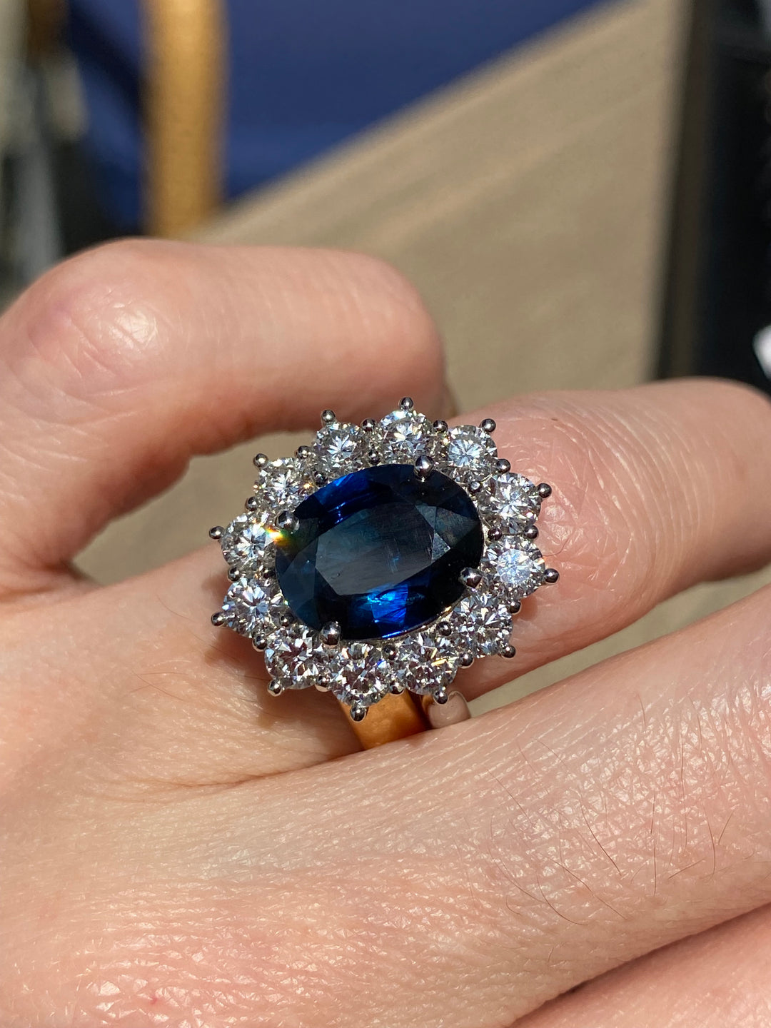 4.20 Carat Blue Ceylon Sapphire and 2.16 CTW Diamond Halo Ring in Platinum