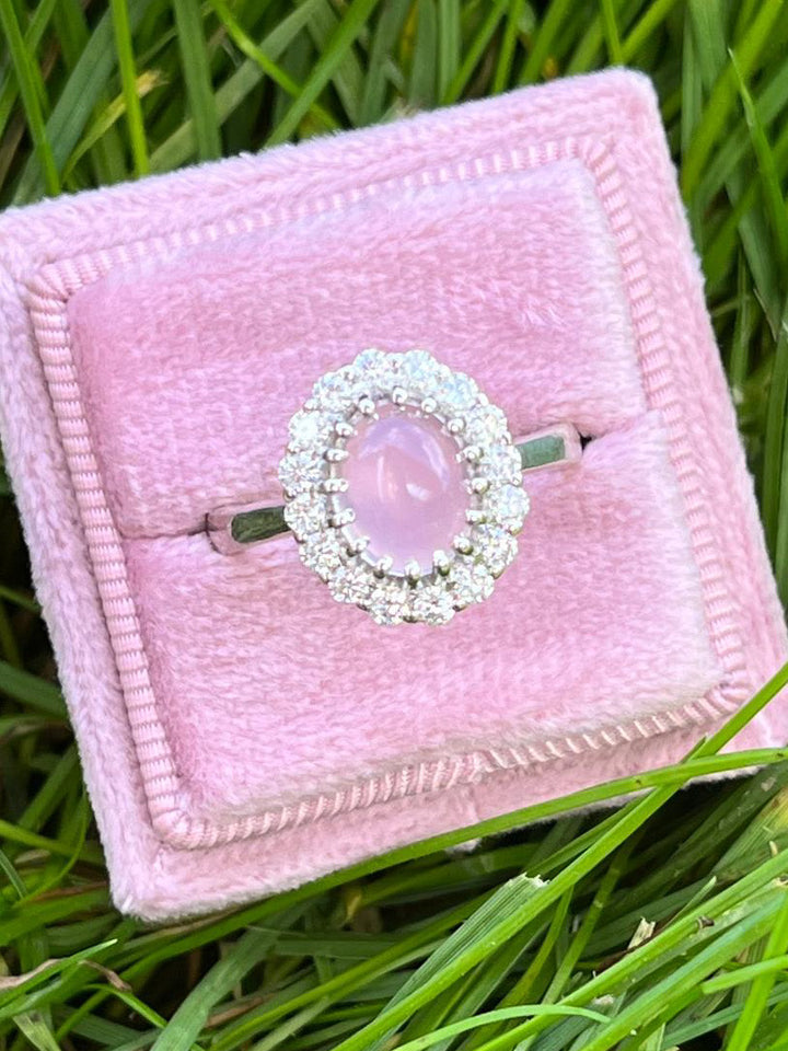 3.50 CTW Oval Cabochon Cut Rose Quartz and Moissanite Halo Cocktail Ring