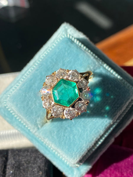 3.00 CTW Colombian Emerald and Old Cut Diamond Halo Ring in 18ct Yellow Gold