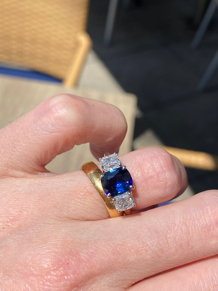 3.31 CTW Blue Ceylon Sapphire and Diamond Three Stone Engagement Ring in Platinum