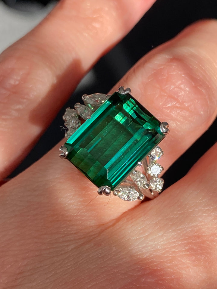 8.00 Carat Emerald Cut Green Tourmaline and Diamond Ring in 18ct White Gold
