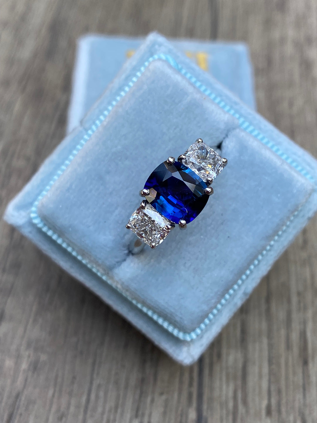 3.31 CTW Blue Ceylon Sapphire and Diamond Three Stone Engagement Ring in Platinum