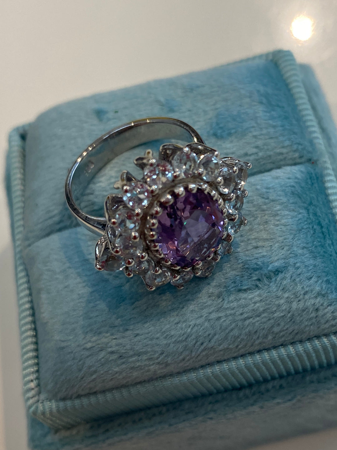 Oval-Cut Amethyst and White Topaz Halo Cocktail Ring in Sterling Silver