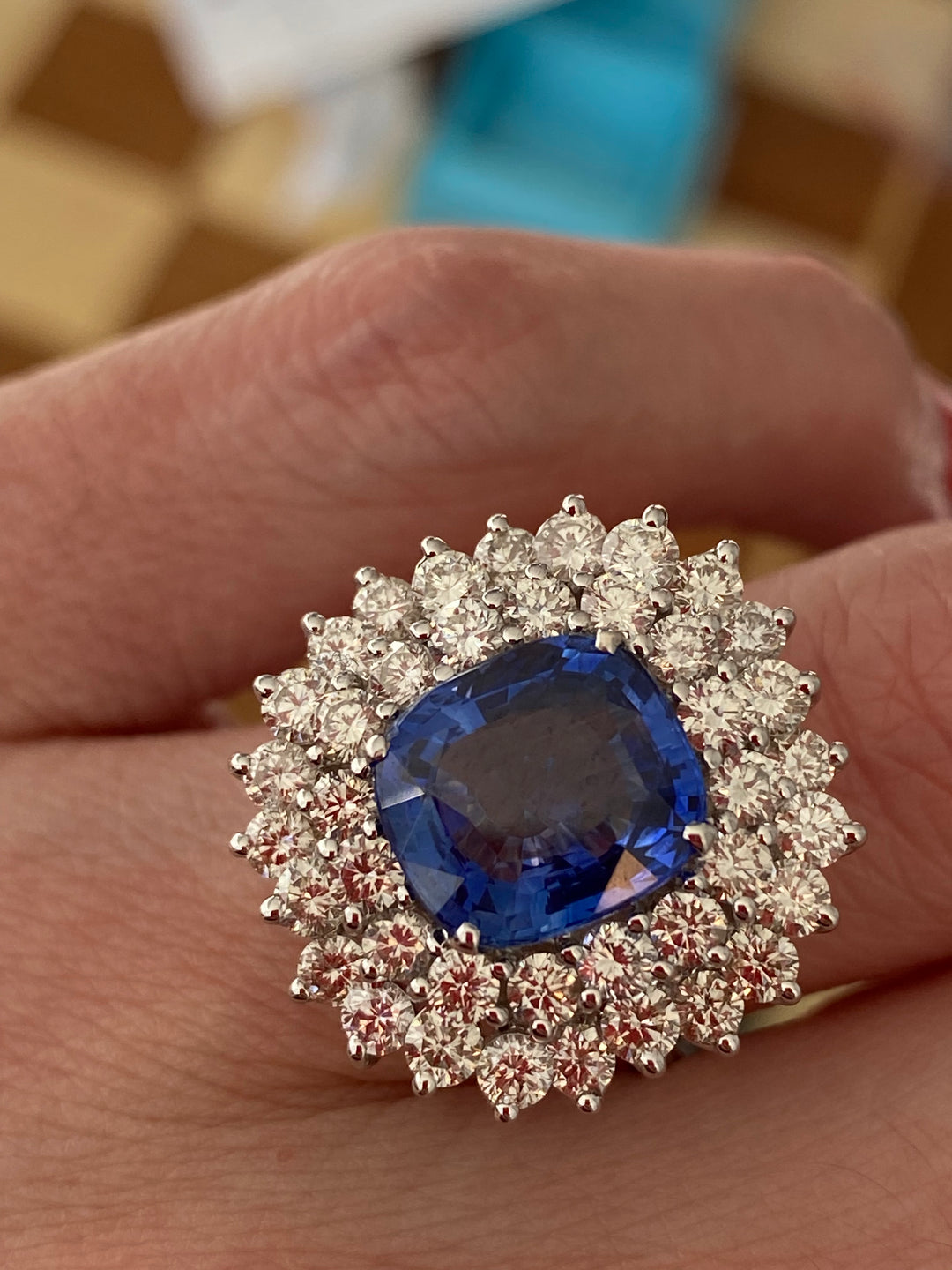 4.57 Carat Blue Ceylon Sapphire and Diamond Halo Engagement Ring in 18ct White Gold