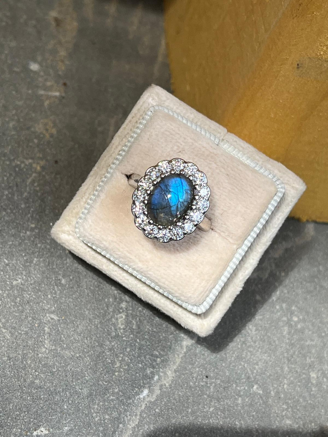 5.00 CTW Oval Cabochon Cut Labradorite and Moissanite Halo Cocktail Ring