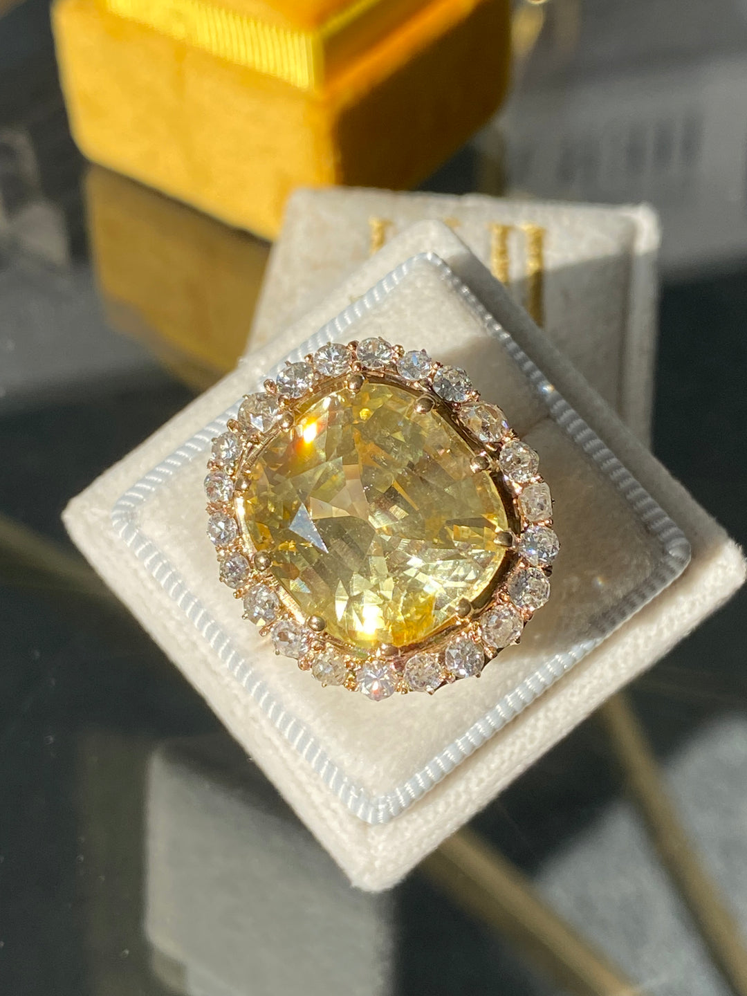23.62 Carat Certified Unheated Yellow Sapphire and Old Cut Diamond Antique Ring