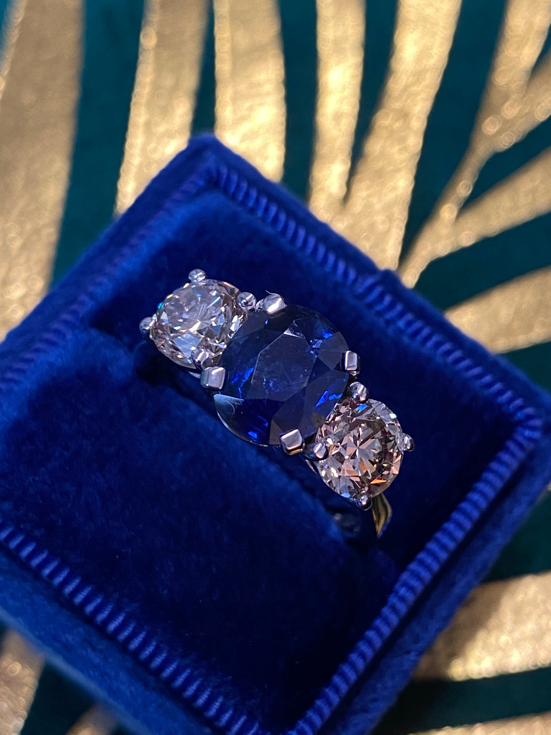 2.76ct Antique Blue Ceylon Sapphire and 2.02ct Diamond Three Stone Engagement Ring in 18ct White Gold