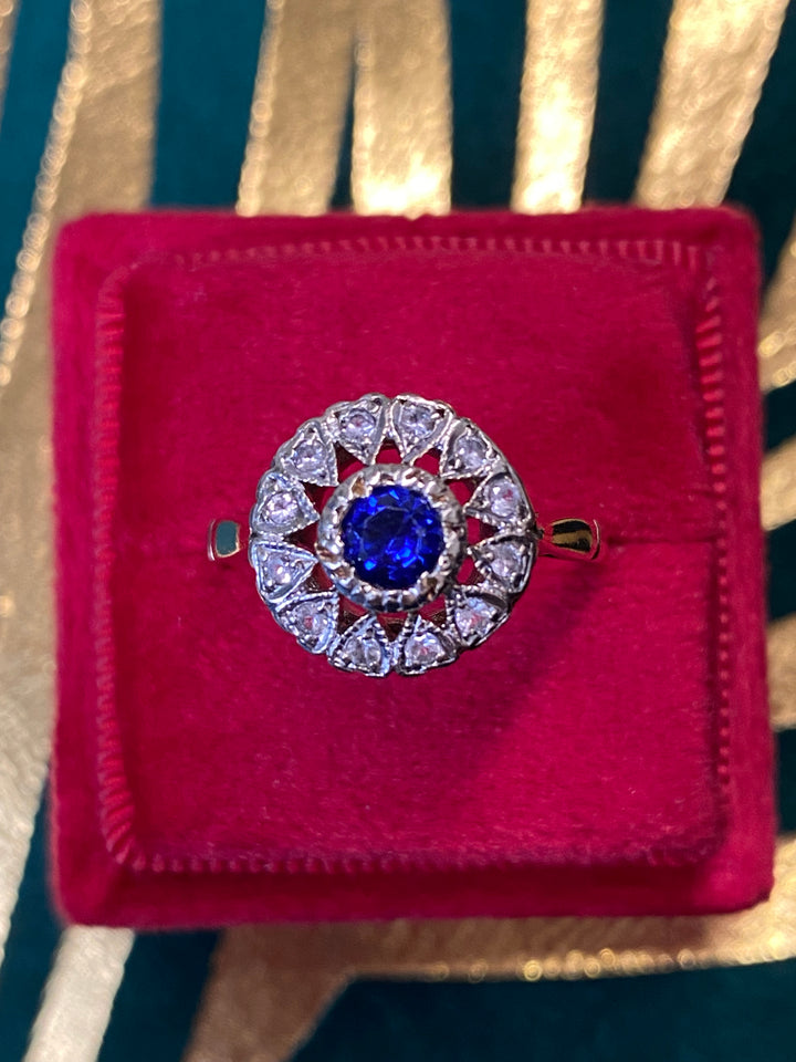 0.90 CTW Blue Sapphire and Diamond Halo Ring in 9ct White and Yellow Gold
