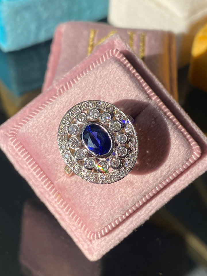 1.70 CTW Belle Époque Style Sapphire and Diamond Ring in 18ct Gold