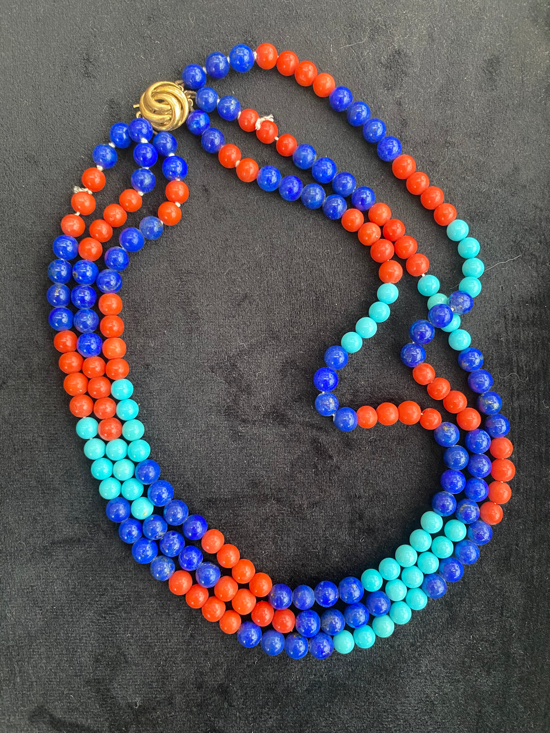 Egyptian Revival Lapis Lazuli, Turquoise, and Coral Triple Strand Necklace 9ct Yellow Gold