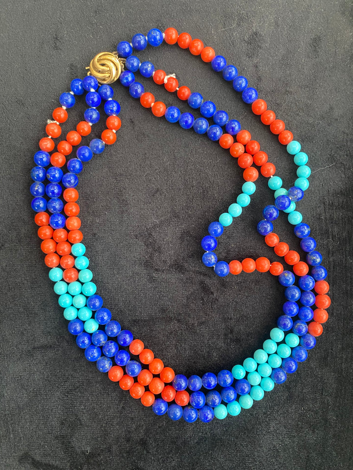 Egyptian Revival Lapis Lazuli, Turquoise, and Coral Triple Strand Necklace 9ct Yellow Gold