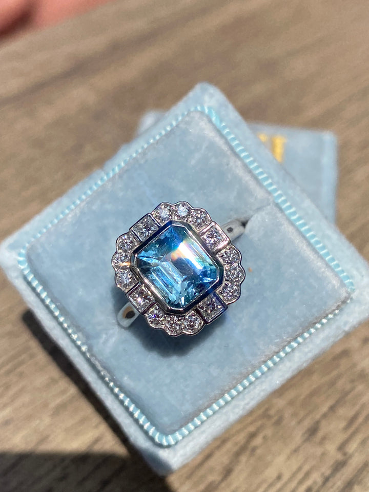 2.23 CTW Cushion Cut Aquamarine and Diamond Engagement Ring in Platinum