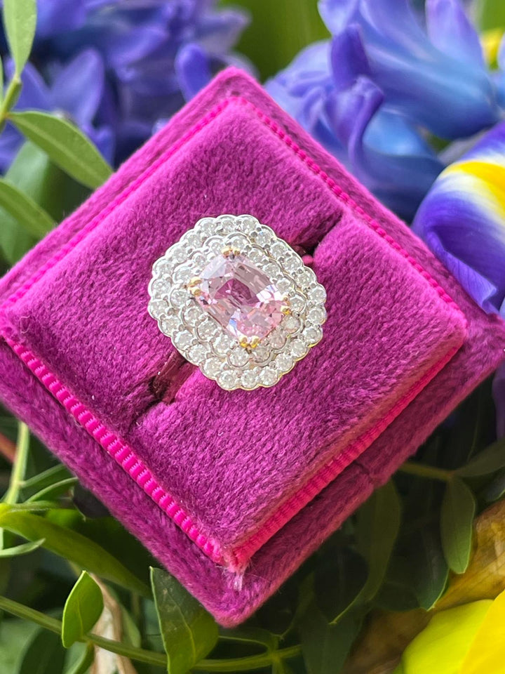2.03 Carat No Heat Pink Sapphire and Diamond Halo Ring in 18ct Yellow Gold