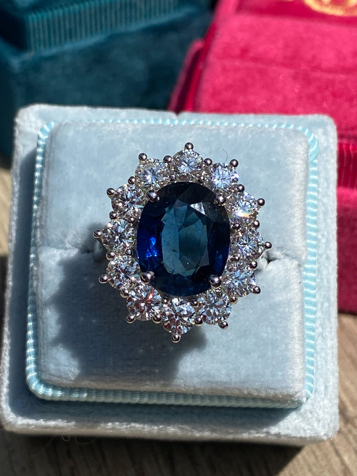 4.20 Carat Blue Ceylon Sapphire and 2.16 CTW Diamond Halo Ring in Platinum