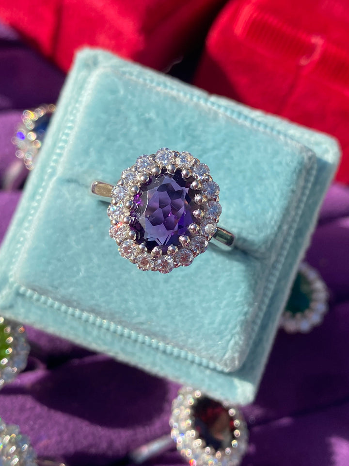 2.33 CTW Oval Cut Amethyst and Moissanite Halo Cocktail Ring in Sterling Silver