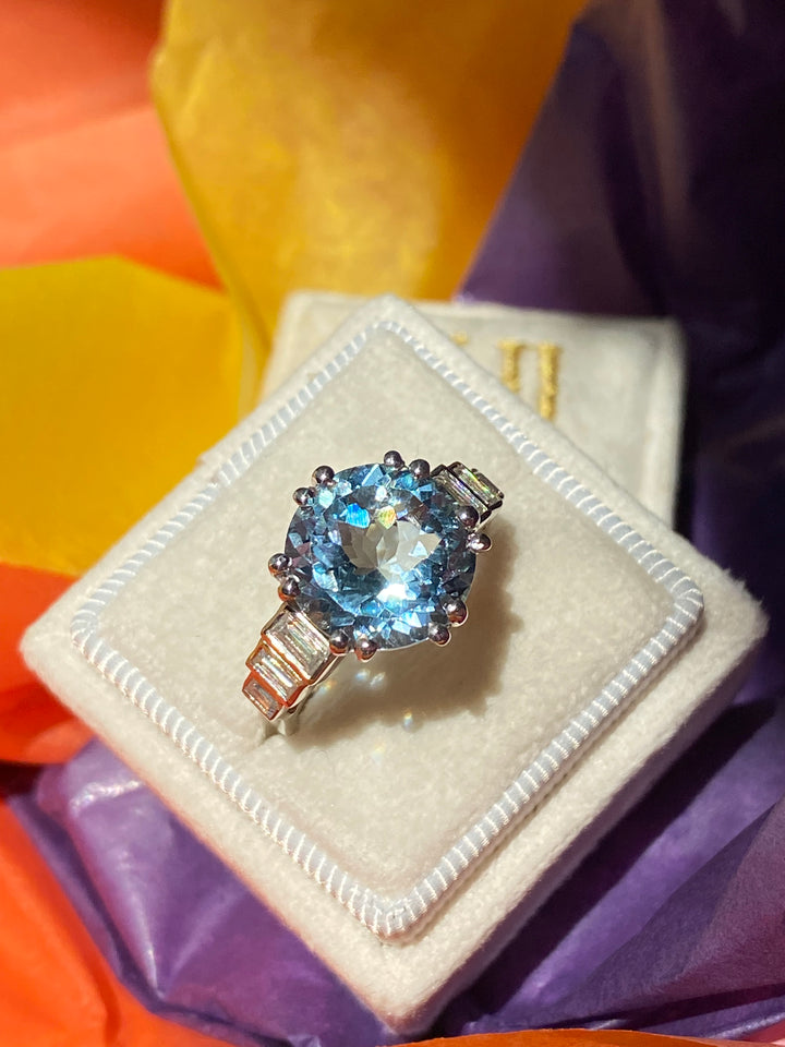 6.75 Carat Round Cut Blue Topaz and 0.40 Carat Moissanite Ring in Sterling Silver