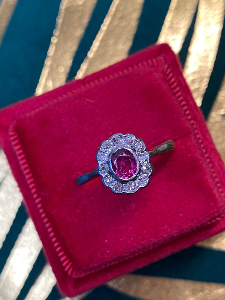 Antique Ruby and Diamond Halo Engagement Ring in 18ct Yellow Gold