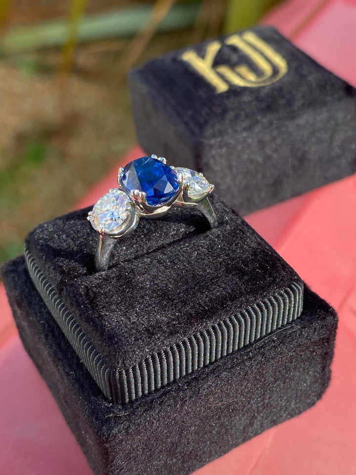 4.41 CTW Oval Cut Kyanite and Moissanite Three Stone Ring