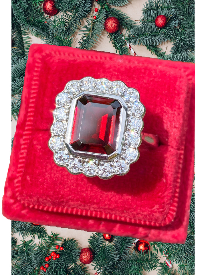 4.25 CTW Emerald Cut Garnet and Moissanite Halo Cocktail Ring in Sterling Silver