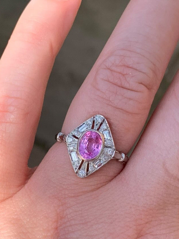 1.00 Carat Pink Ceylon Sapphire and Diamond Art Deco Engagement Ring in Platinum