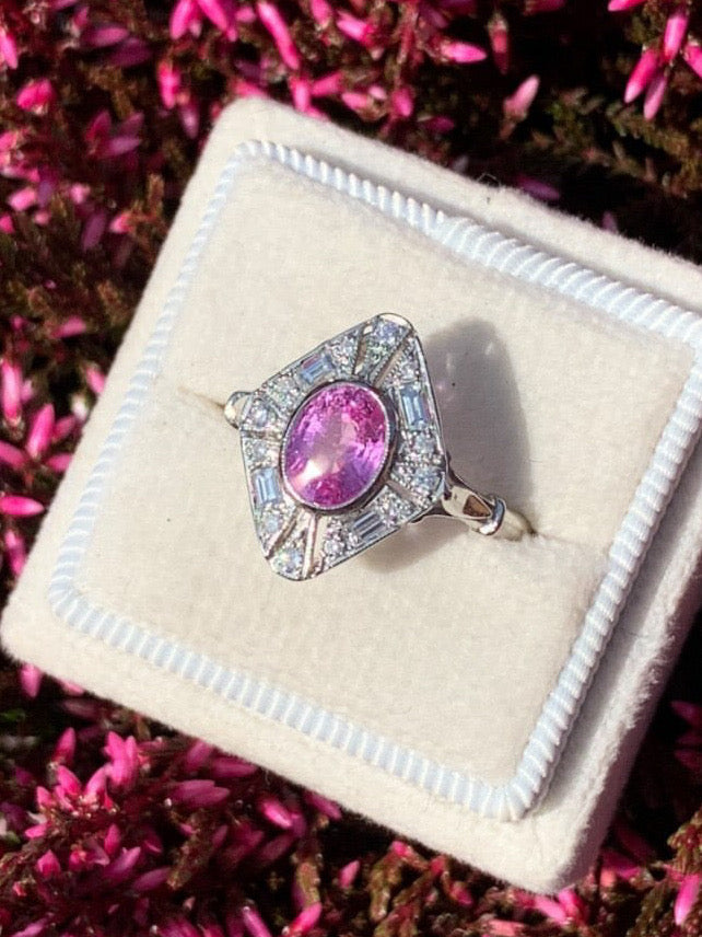 1.00 Carat Pink Ceylon Sapphire and Diamond Art Deco Engagement Ring in Platinum