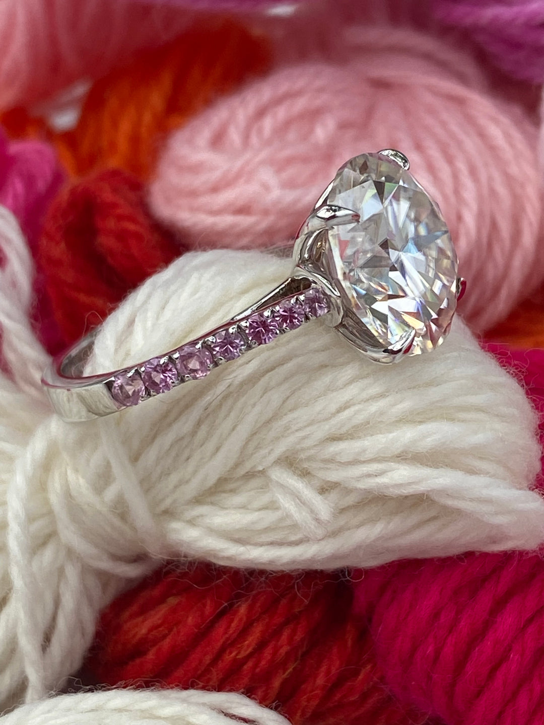 5.50 Carat Moissanite and Pink Sapphire Solitaire Engagement Ring in 18ct White Gold