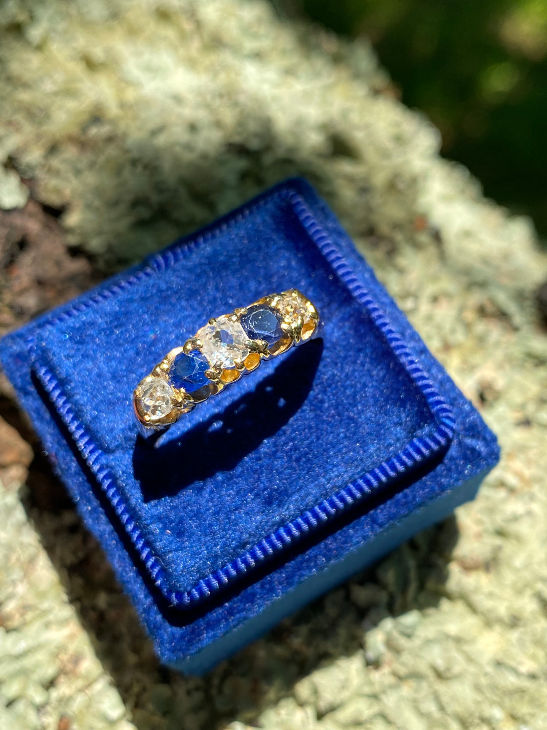 Antique Blue Sapphire and Old Cut Diamond Ring in 18ct Yellow Gold