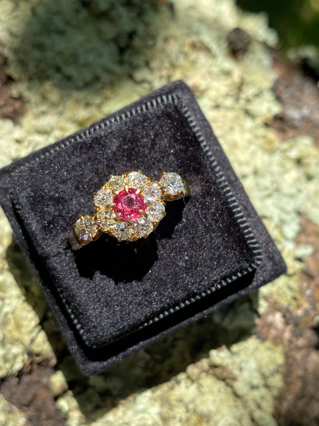 1.20 CTW Antique Ruby and Diamond Halo Ring in 18ct Yellow Gold
