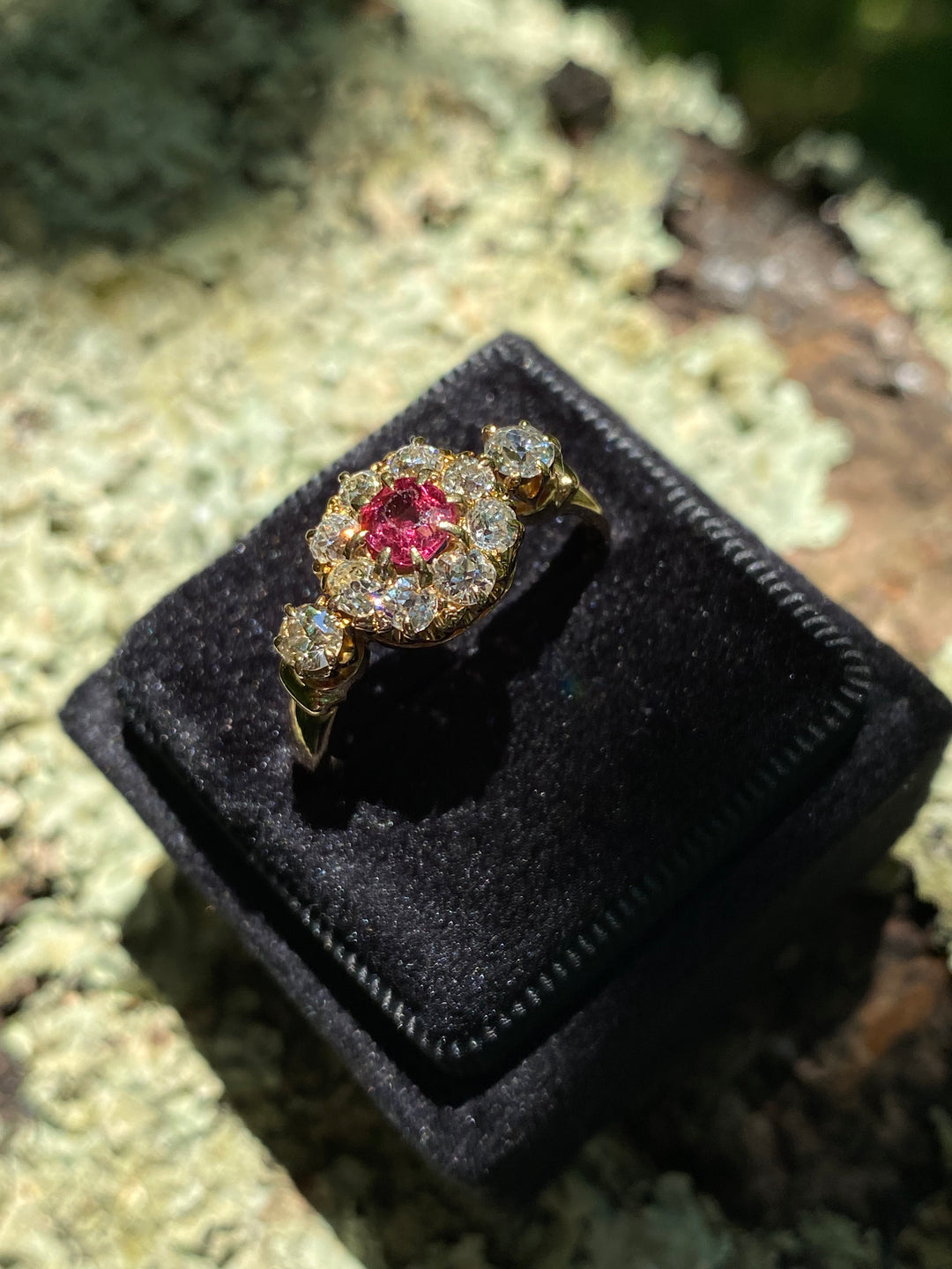1.20 CTW Antique Ruby and Diamond Halo Ring in 18ct Yellow Gold