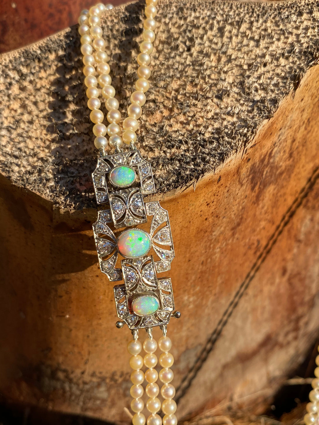 Antique Art Deco Natural Saltwater Pearl Three Strand Necklace with Opals and Antique Diamonds in Platinum 