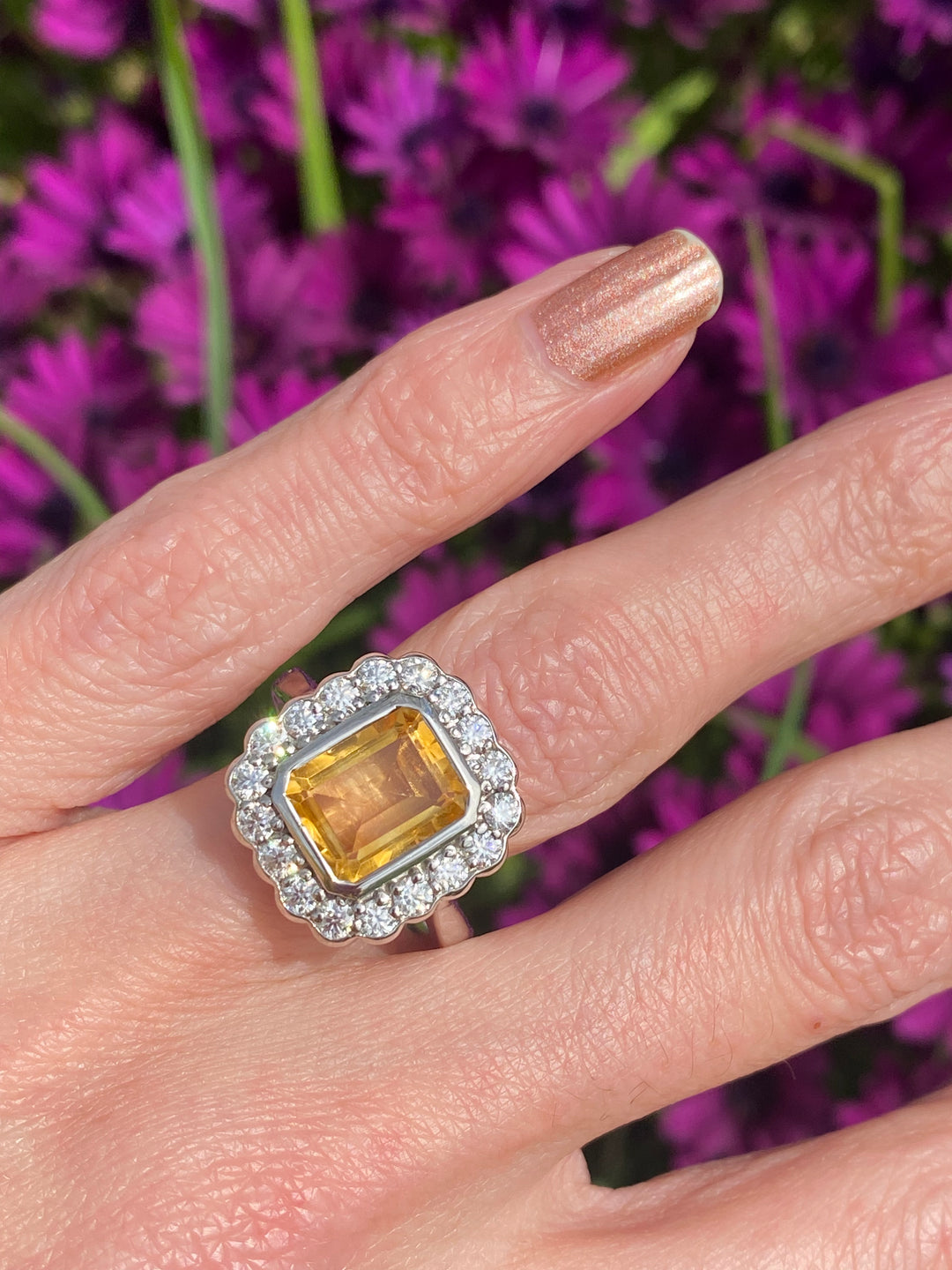 4.25 CTW Emerald Cut Citrine and Moissanite Halo Cocktail Ring