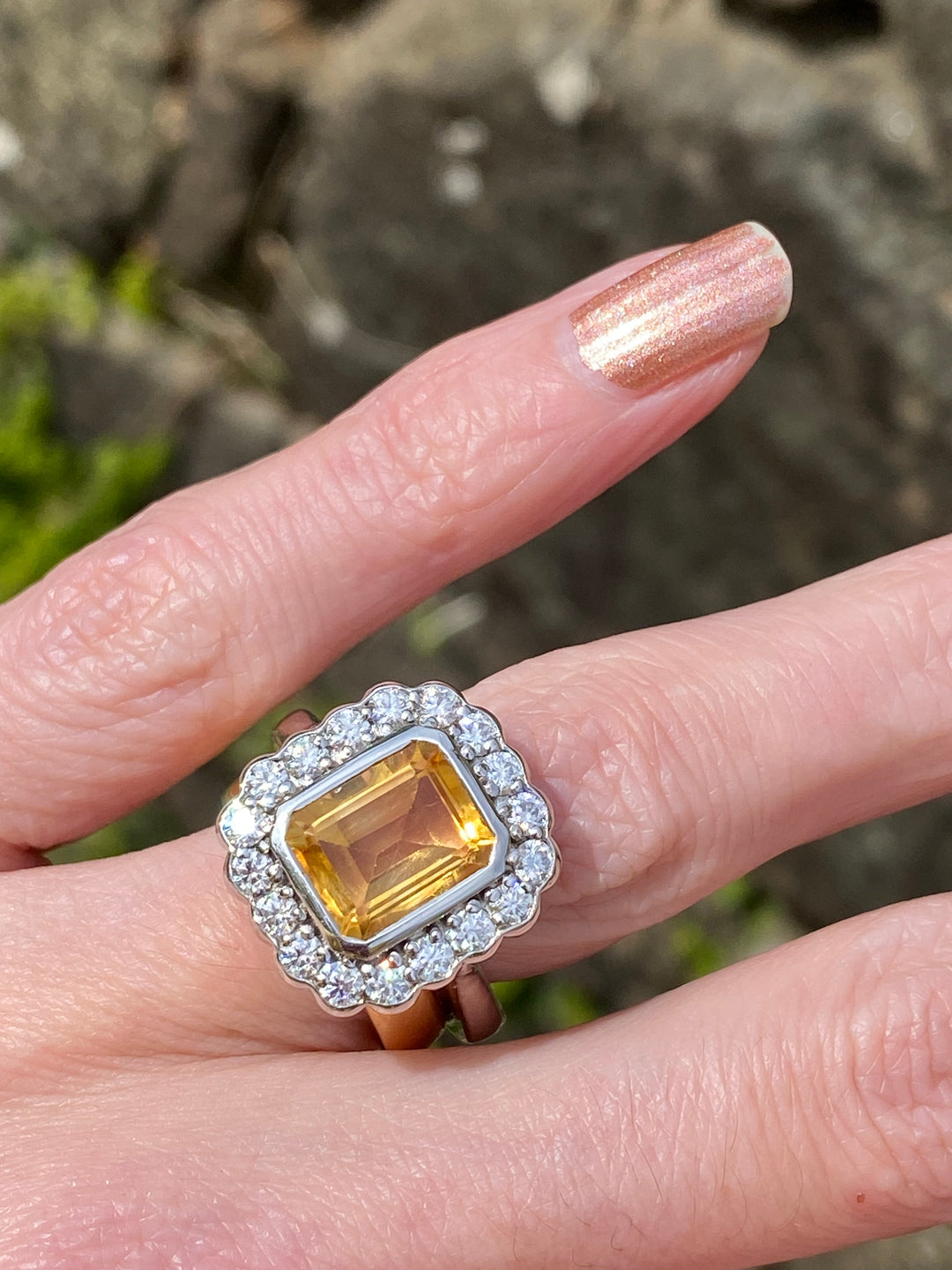 4.25 CTW Emerald Cut Citrine and Moissanite Halo Cocktail Ring